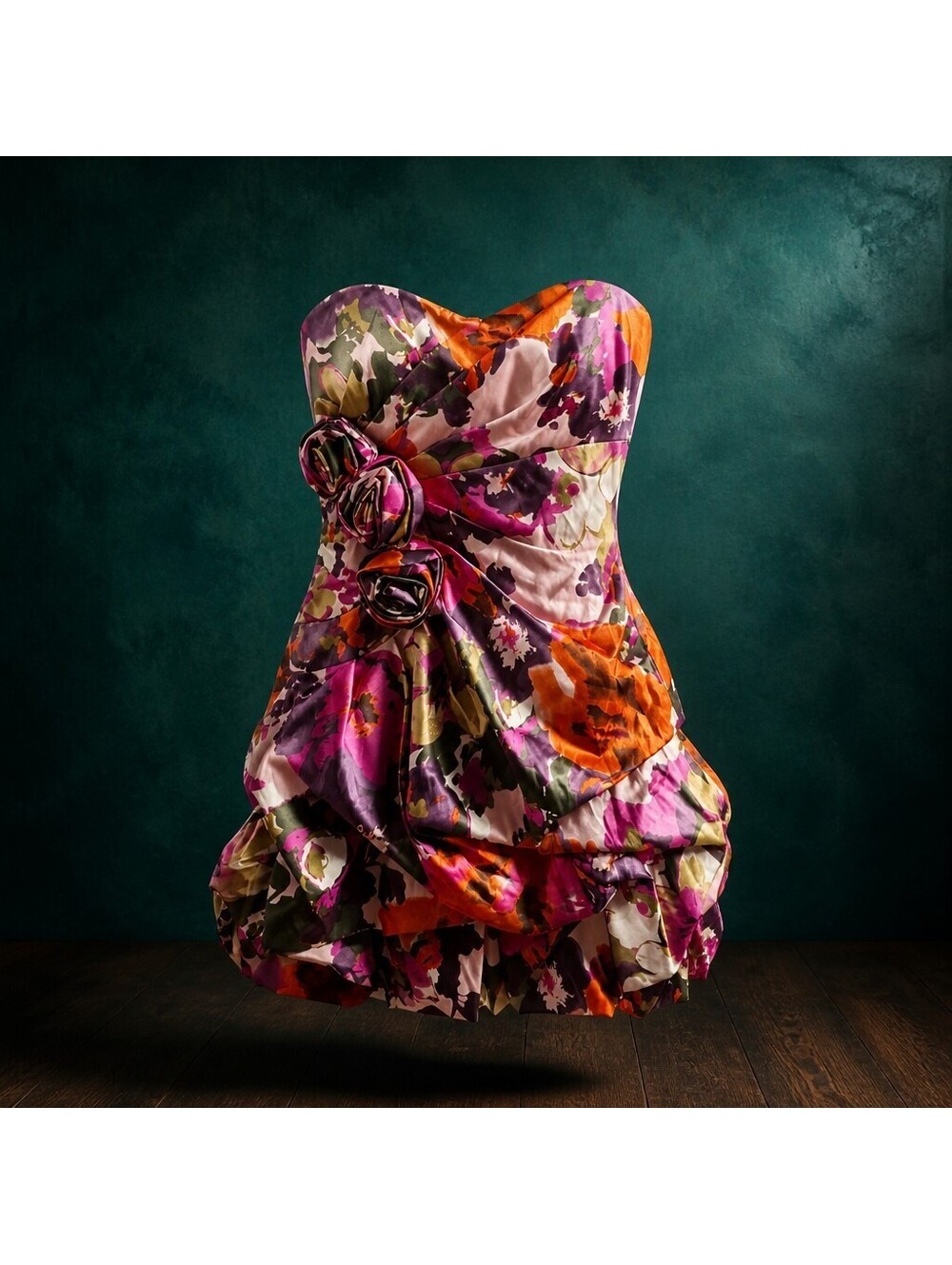 Homecoming XOXO Dress Vibrant Floral Y2K Retro Bubble Hem Strapless Size 7 4016